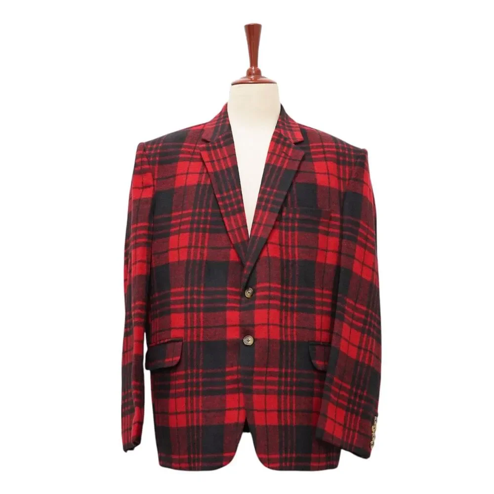 Mens 48R Red Black Plaid Check Wool Blazer Sport Coat Wedding Formal Party